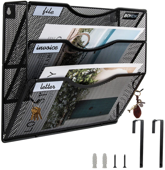 Wall File Organizer, 3 Tire Hanging File Folder Mail Organizer, Vertical Mesh Metal Door/Wall Mount Hanging File Holder, Paper Document Magazine Rack with Hooks for Home Office Black