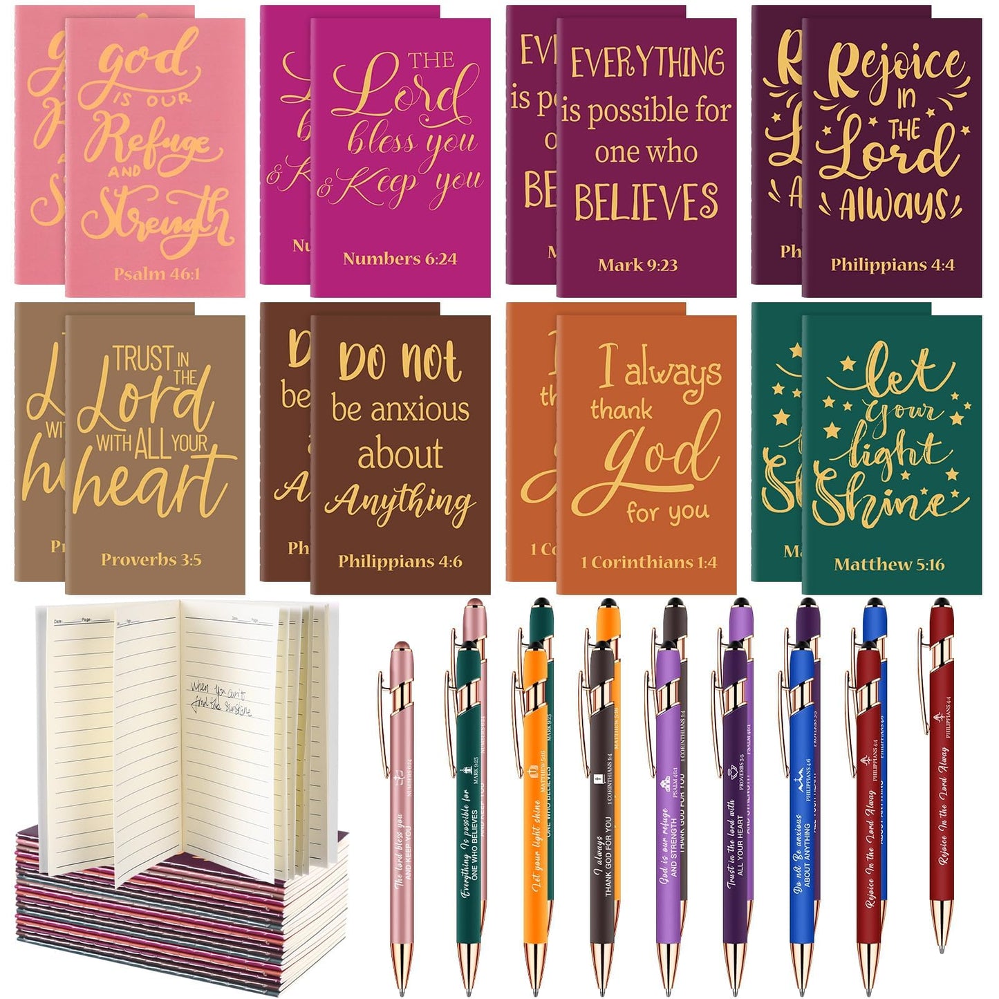 32 Pcs Bible Pens Notepads Gift Set Includes 16 Bible Verse Notebooks 16 Christian Pens Inspirational Notebooks Religious Journals for Church School Supplies
