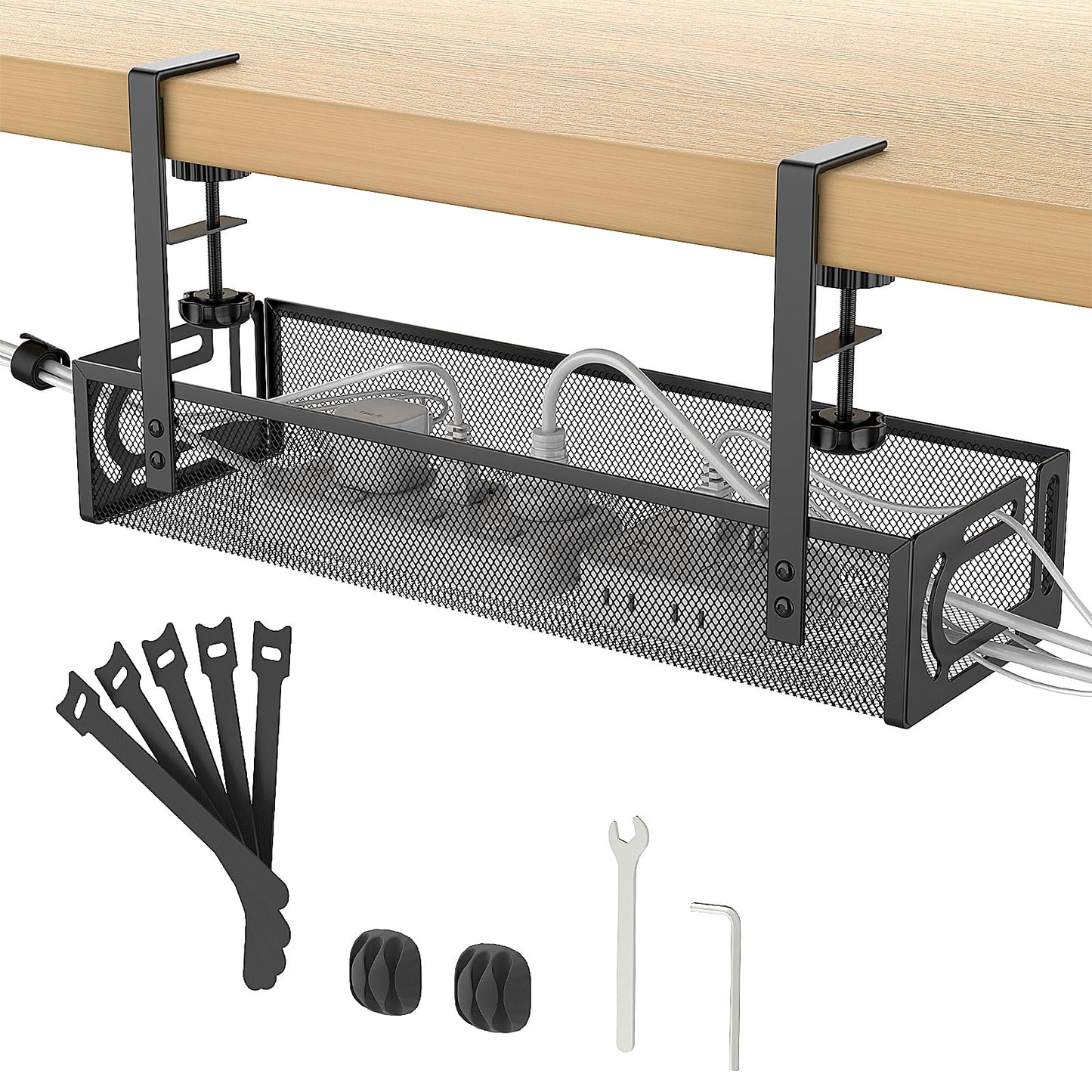 Under Desk Cable Management Tray No Drill, Metal Mesh Cable Tray with Clamp for Desk Wire Management, Desk Cable Management Box and Cord Organizer for Office, Home