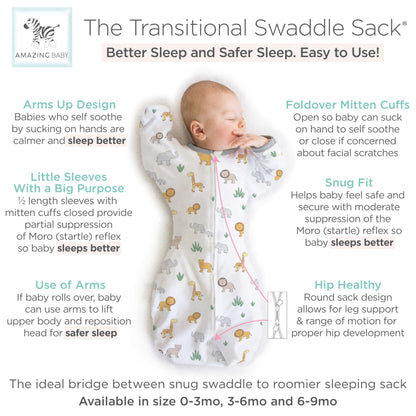 Amazing Baby Transitional Swaddle Sack, Arms Up Half-Length Sleeves & Mitten Cuffs, Swaddle for Newborn Transition to Baby Sleep Sack Wearable Blanket, Medium, 3-6 Month, 14-21 lb, On Safari