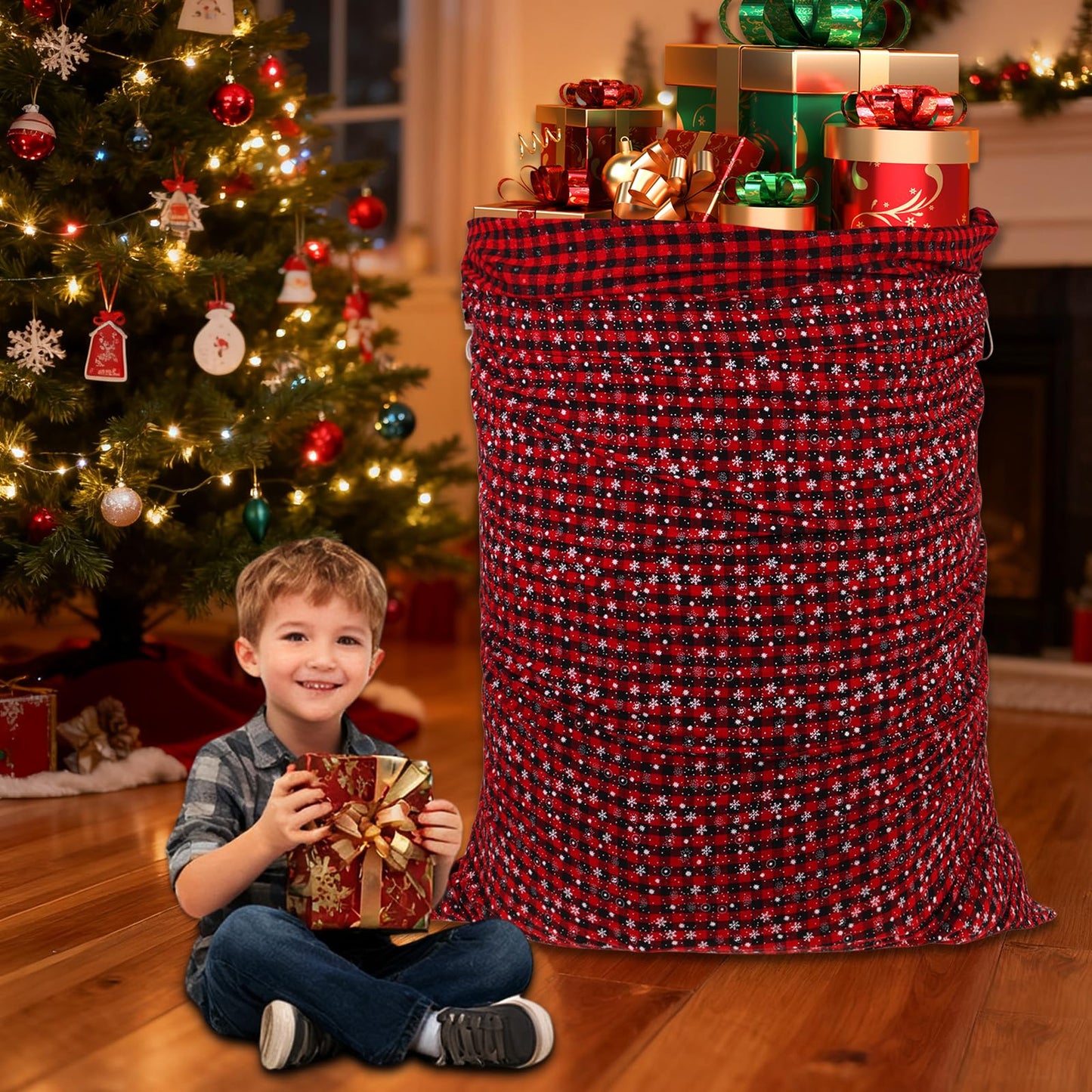 2PCS 47"×32" Jumbo Christmas Drawstring Gift Bags Extra Large Cotton Christmas Buffalo Plaid Drawstring Gift Bags Santa Sack with Drawstring for Xmas Huge Gifts Giving and Christmas Party Decor