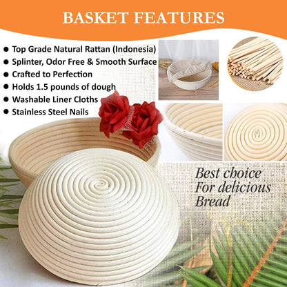 Banneton Proofing Basket set - 9 Inch round sourdough proofing basket with Silicone Bread Sling, Dough Scrapers, Bread lame, Dough Whisk and a Cleaning Brush