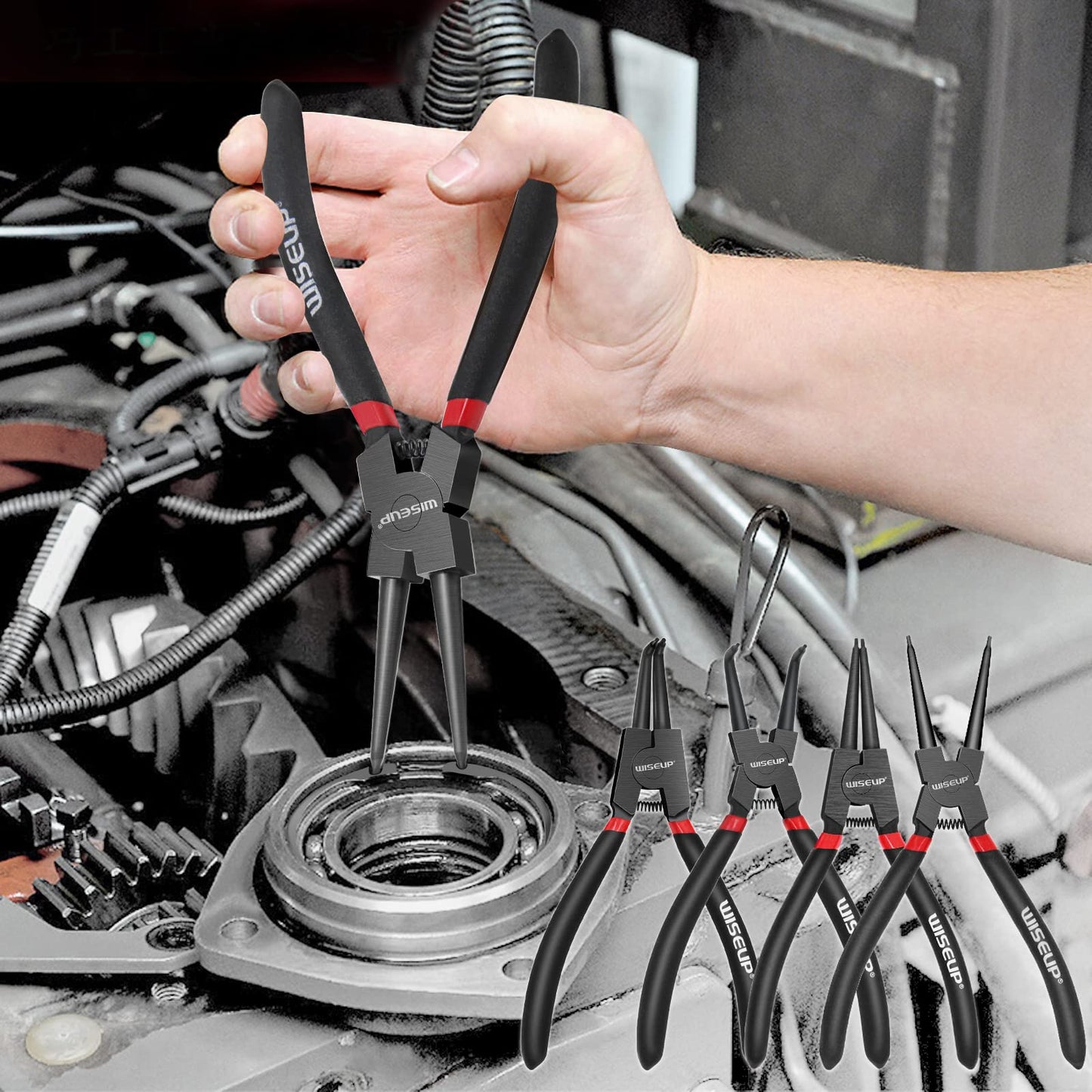 WISEUP Pliers Set, 170mm 4-Piece Bent/Straight Internal External Circlip Plier, Industrial Carbon Steel plier Set, Anti-Rust, Anti-Bending and Labor-Saving Split Ring Pliers, with Storage Bag