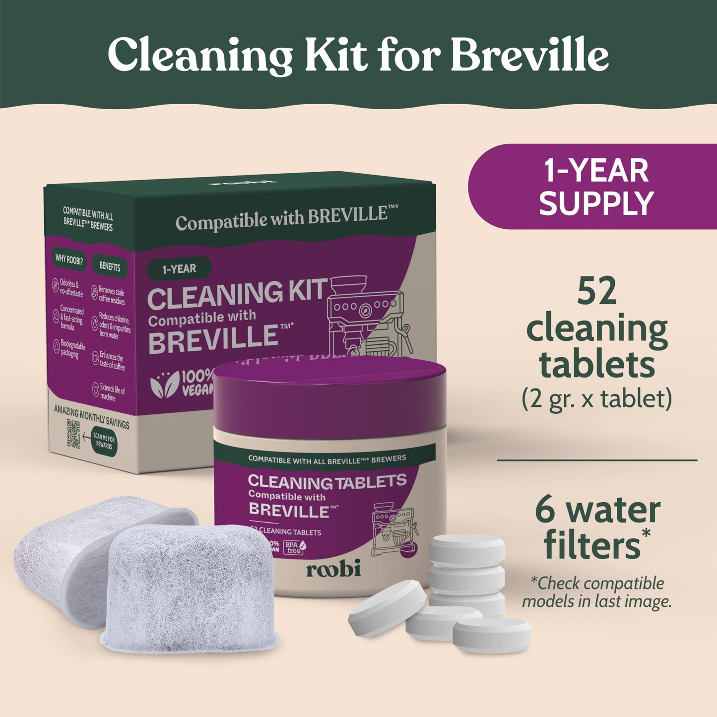 Roobi Cleaning Kit Compatible with Breville Espresso. Includes 52 Espresso Cleaning Tablets and 6 Water Filters. Carbon Neutral. 1 Year Supply.