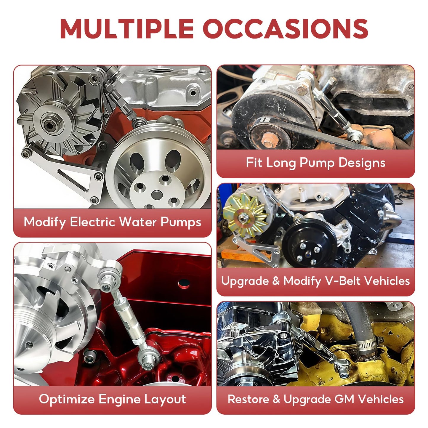 SBC Alternator Bracket, Long Water Pump Lwp Aluminum Alternator Bracket Kit Polished for Chevy SBC 350 Small Block Engine