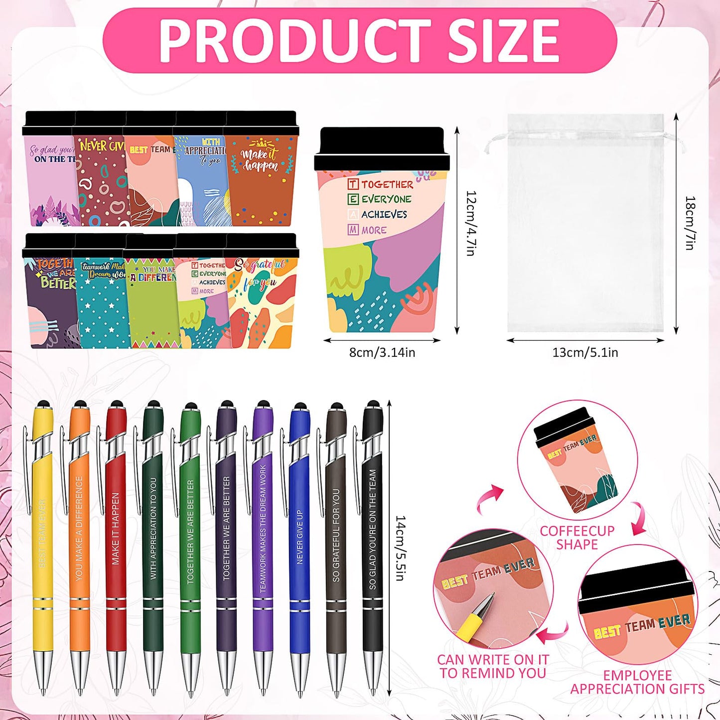 30 Sets Employee Coffee Cup Notepads Employee Appreciation Gifts Bulk Inspirational Sticky Notes with Ballpoint Pens and Organza Bags Thank You Gifts for Coworker Teacher Staff Office School