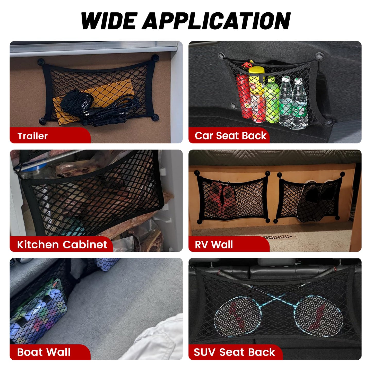 RED WOLF 2 Pcs Universal Cargo Net Pocket Elastic Mesh Netting Car Mesh Pouch for Trunk RV Boats Home Cargo Storage Mesh with Screws and Hooks (25.6'' x 9.8'')
