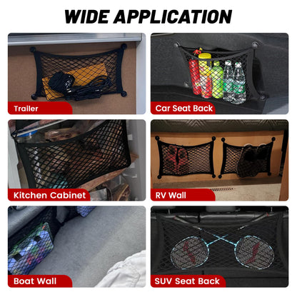 RED WOLF 2 Pcs Universal Cargo Net Pocket Elastic Mesh Netting Car Mesh Pouch for Trunk RV Boats Home Cargo Storage Mesh with Screws and Hooks (25.6'' x 9.8'')