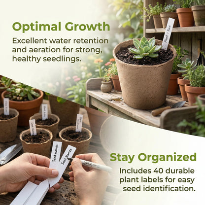 Cedilis 100 Pack 4 inch Peat Pots, Biodegradable Plant Starter Pots with Plant Labels, Germination Station Starter Cups, Disposable Plant Pots for Seedlings, Flowers, Vegetables Seeds