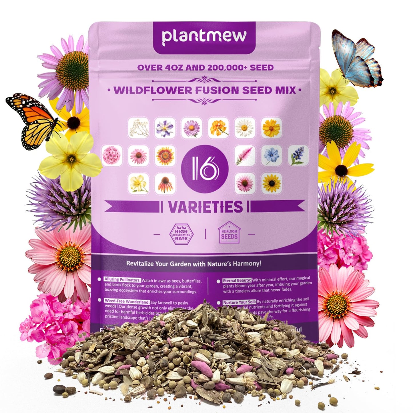 200,000+ Wildflower Seeds [4oz] 16 Variety Perennial Mix - USA-Sourced Seeds for Pollinator Gardens | Attracts Bees/Birds/Butterflies | High Germination Rate for Indoor & Outdoor
