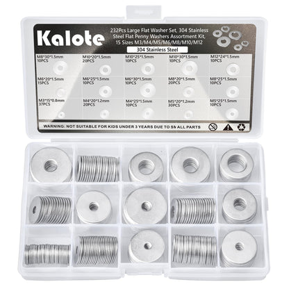 Washers, 232 Pcs 304 Stainless Steel Flat Penny Washers for Screws Bolts Kit -Large OD Metric Fender Washers Assortment (M3 M4 M5 M6 M8 M10 M12)| Anti-Rust for Automotive, Machinery, DIY Repair