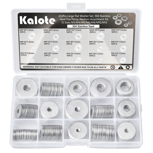 Washers, 232 Pcs 304 Stainless Steel Flat Penny Washers for Screws Bolts Kit -Large OD Metric Fender Washers Assortment (M3 M4 M5 M6 M8 M10 M12)| Anti-Rust for Automotive, Machinery, DIY Repair