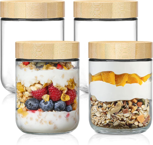 POLCANUR Glass jars with Bamboo Lids 4 pack,16oz Overnight Oats Containers, Reusable Wide mouth Salad jars, Glass Food Storage Containers for Snacks Yogurt Spice Sugar