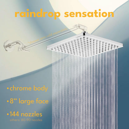 Singing Rain 8'' Fixed Rain Shower Head- Rainfall- Super Dense 120+ Nozzles Jet- Luxury Modern Look– Square Chrome Angle Adjustable Shower Head Replacement