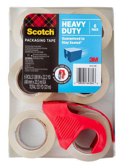 Scotch Heavy Duty Packaging Tape, Shipping and Packing Tape, 1.5” Core Refill Rolls with 1 Refillable Dispenser, 1.88 in x 800 in, 6-Pack