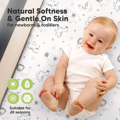 2-Pack Pack and Play Sheets, Waterproof Mini Crib Sheets Fitted - Organic Cotton Pack N Play Sheets for Graco Pack and Play Mattress, Playard Baby Crib Sheets, Neutral for Boy,Girl,Toddler (KeaSafari)