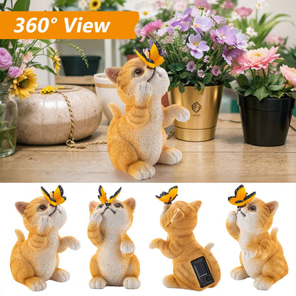 Solar Garden Cat Statue,Resin Outdoor Cat Decor with Solar Butterfly Changing Light for Yard Lawn Patio Home,Unique Gift for Mom Women Grandma