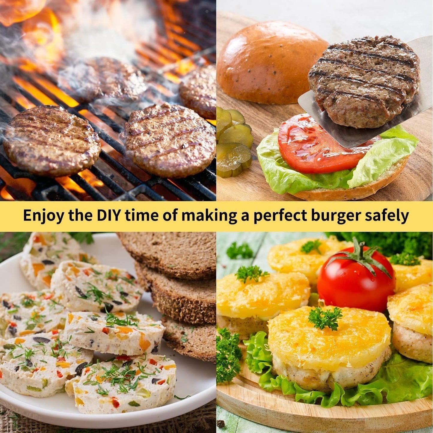 XRZXZN 304 Stainless Steel Burger Press - 4.5" Adjustable Hamburger Patty Maker with Non-Stick Mold & Spring Button, Heavy Duty Easy Release for Beef, Burgers, BBQ (Dishwasher Safe & Rustproof)