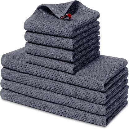 smiry Cotton Kitchen Dish Towels Set– 4 Pack 12x12 Inch & 4 Pack 13x28 Inch Kitchen Towels, 8 Pieces in Total, Ultra Soft Absorbent Quick Drying Dish Cloths Tea Towels, Dark Grey