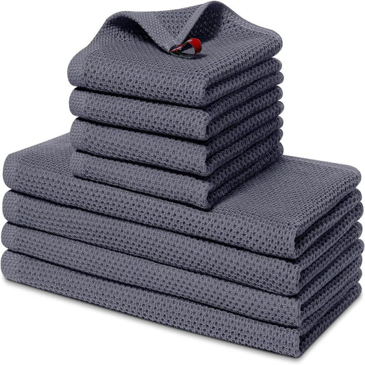 smiry Cotton Kitchen Dish Towels Set– 4 Pack 12x12 Inch & 4 Pack 13x28 Inch Kitchen Towels, 8 Pieces in Total, Ultra Soft Absorbent Quick Drying Dish Cloths Tea Towels, Dark Grey
