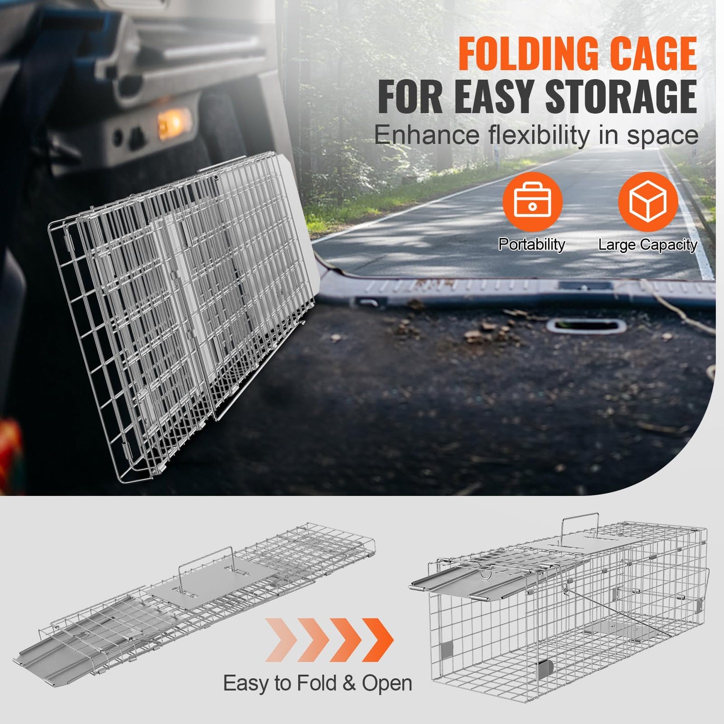 VEVOR Live Animal Cage Trap, 24" x 8" x 8" Humane Cat Trap Galvanized Iron, Folding Animal Trap with Handle for Rabbits, Stray Cats, Squirrels, Raccoons, Groundhogs and Opossums