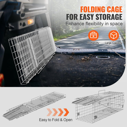 VEVOR Live Animal Cage Trap, 24" x 8" x 8" Humane Cat Trap Galvanized Iron, Folding Animal Trap with Handle for Rabbits, Stray Cats, Squirrels, Raccoons, Groundhogs and Opossums