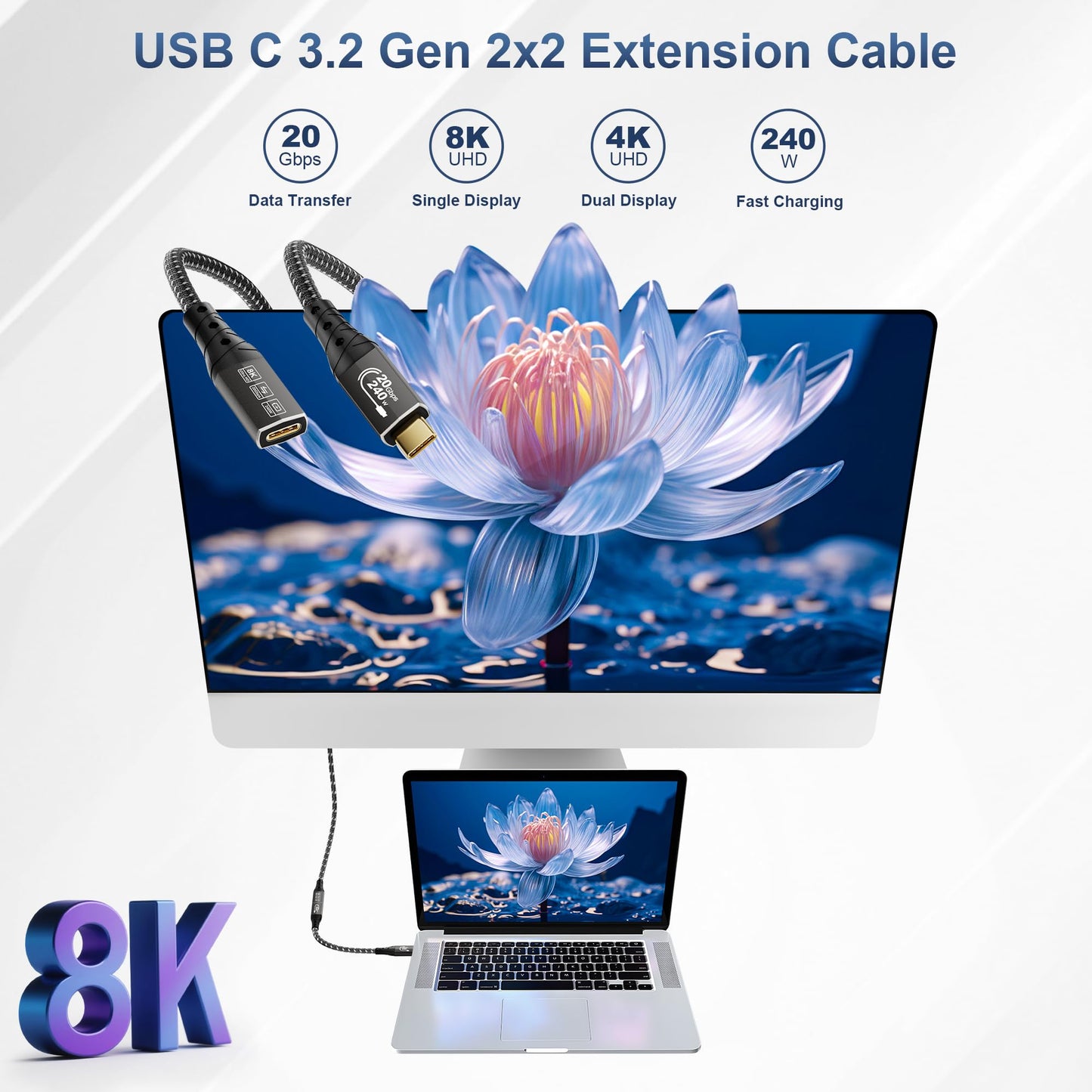 ZIKNYDO 8K USB C Extension 6.6FT (USB C Extender 20Gbps Data Transfer, Charging 240W) Video 4K@144Hz/ 60Hz USB 3.2 Type C Extension Cable for Thunderbolt 4, PSVR2, iPhone16, MacBook, Dell XPS, Switch
