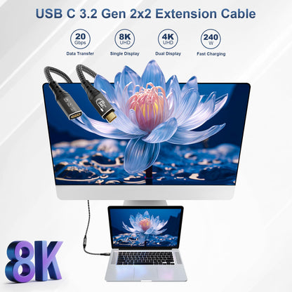 ZIKNYDO 8K USB C Extension 6.6FT (USB C Extender 20Gbps Data Transfer, Charging 240W) Video 4K@144Hz/ 60Hz USB 3.2 Type C Extension Cable for Thunderbolt 4, PSVR2, iPhone16, MacBook, Dell XPS, Switch
