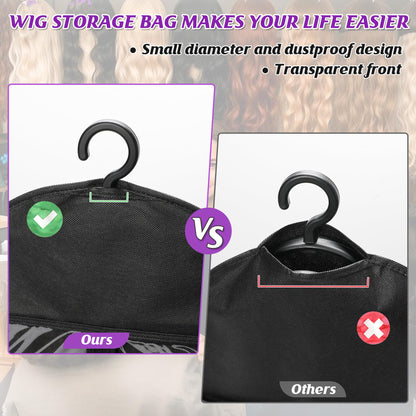 6 Pcs Wig Bags Storage with Wig Hanger Dust-proof for Multiple Wigs Hanging Storage Bags Organizer Foldable Easy Carry Suitable for Home Travel Hair Salon Black