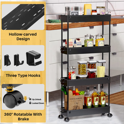 SPACEKEEPER Slim Rolling Storage Cart 4 Tier Bathroom Organizer Mobile Shelving Unit Storage Rolling Utility Cart Tower Rack for Kitchen Bathroom Laundry Narrow Places, Black