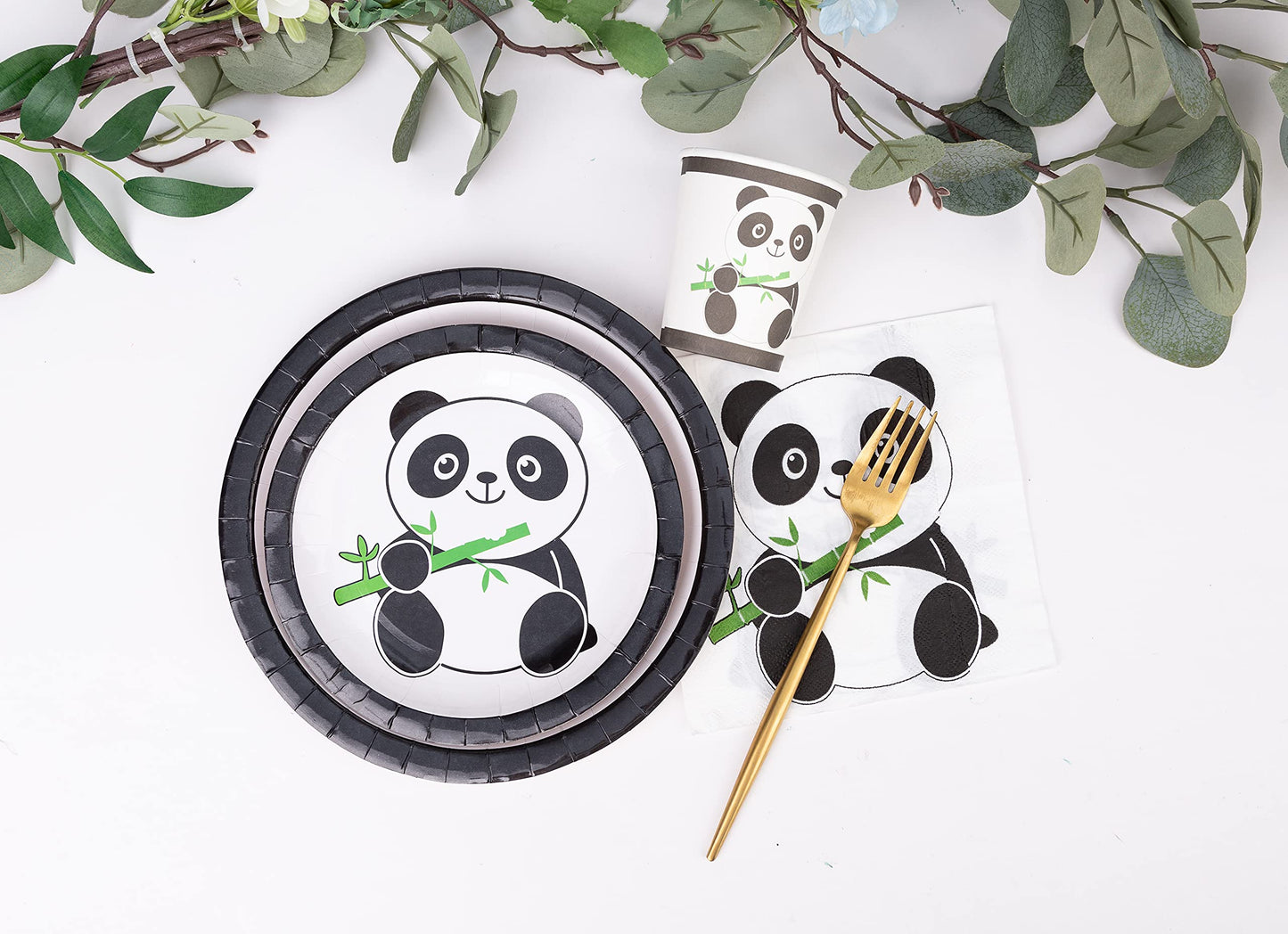 Panda Party Supplies Tableware Set Including Panda Paper Plates Cups Napkins Straws for Panda Birthday Wediing Baby Shower Party