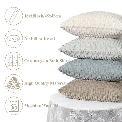 UXORSN Pack of 4 Decorative Throw Pillow Covers 18x18 Inch Soft Plush Corduroy Striped Square Pillowcases Blue Beige Coffee Gray Fluffy Cushion Cases Boho Decor for Farmhouse Living Room Bed Sofa