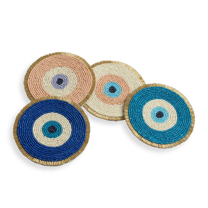Folkulture Beaded Coasters for Drinks | Set of 4 (4") Round Decorative Bar Coasters for Table Décorations | Cute Boho Coaster Set for Cocktail | Modern Coaster | Evil Eye Gifts for Her