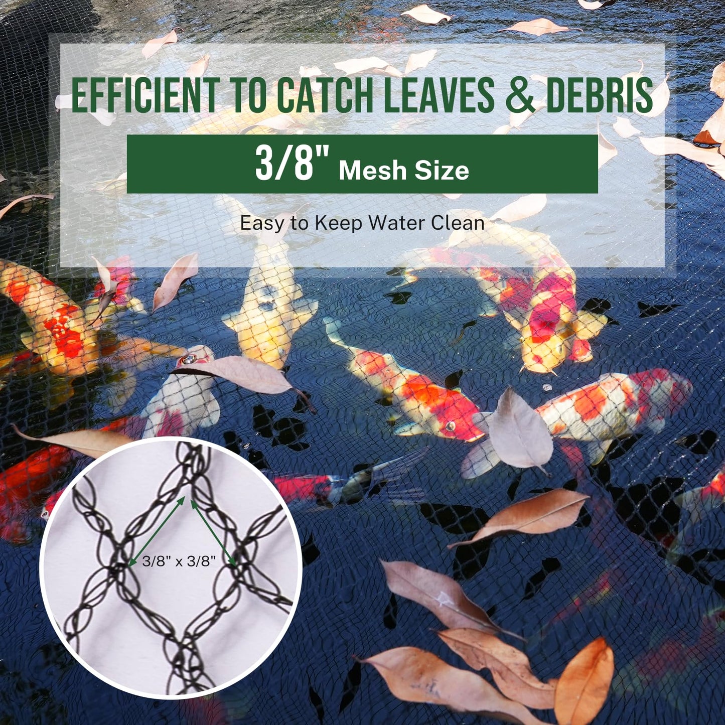 Pond Netting Cover for Leaves, 15 x 20 Koi Pond Net Cover, Durable & Sturdy Pond Netting for Koi Ponds, Protect Koi Fish Against Herons, Raccoons, Cats & Predators, 14pcs Stakes Included