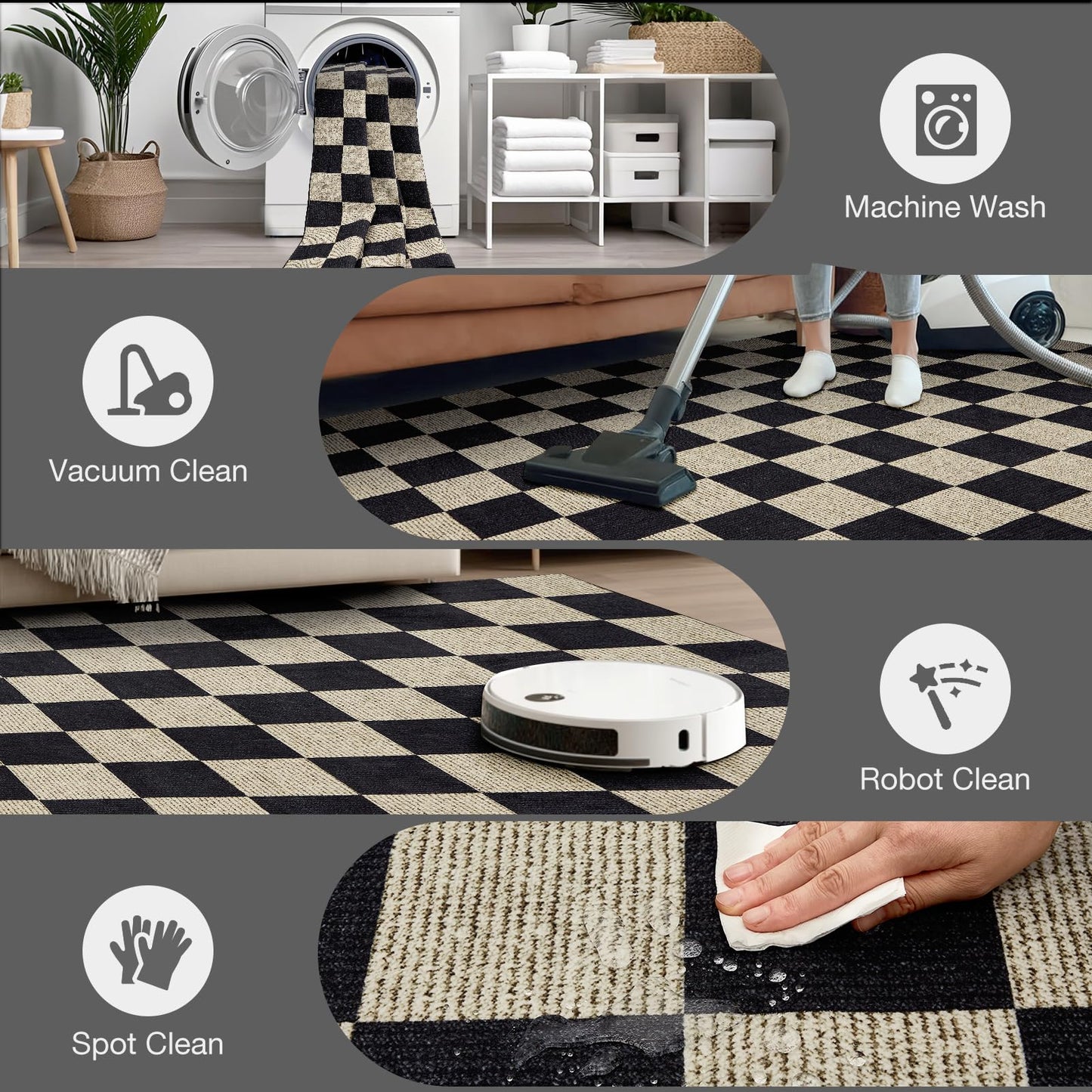 Washable Front Door Mat Indoor Entrance 2x3 Checkered Rug, Flat Print Plaid Area Rugs Ultra-Thin Carpet Stain Resistant Non-Slip for Entry Kitchen Hallway Kids Room Laundry Bedroom(Black and Camel)