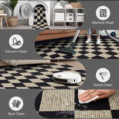 Washable Front Door Mat Indoor Entrance 2x3 Checkered Rug, Flat Print Plaid Area Rugs Ultra-Thin Carpet Stain Resistant Non-Slip for Entry Kitchen Hallway Kids Room Laundry Bedroom(Black and Camel)