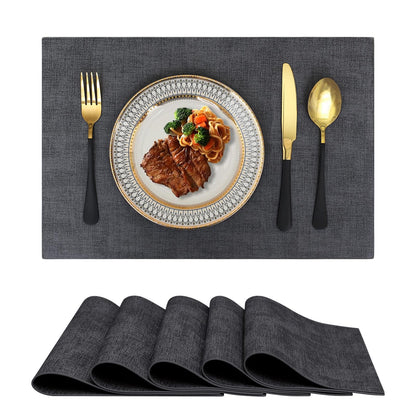 smiry Placemats for Dining Table Set of 6 - Heat Resistant Washable Place Mats for Kitchen Table, Faux Leather Waterproof Non-Slip Table Mat, 11.8" x 17", Dark Grey