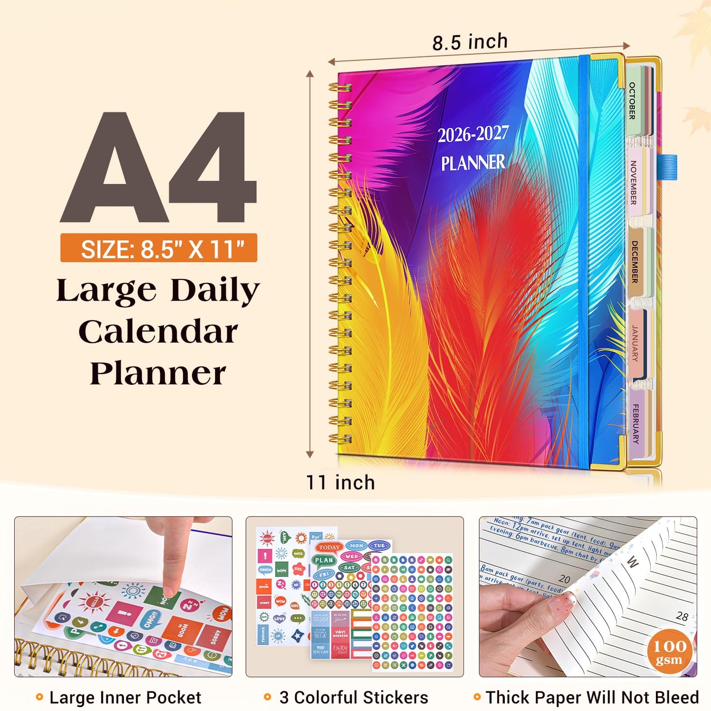 Planner 2026-2027, 18 Months Weekly and Monthly Daily Planner from January 2026 - June 2027, 8.5" x 11" A4 Large Hardcover Agenda Organizer Book 2026 with Tabs, Spiral Yearly Calendar Planners for School Work Home, Colorful Feather