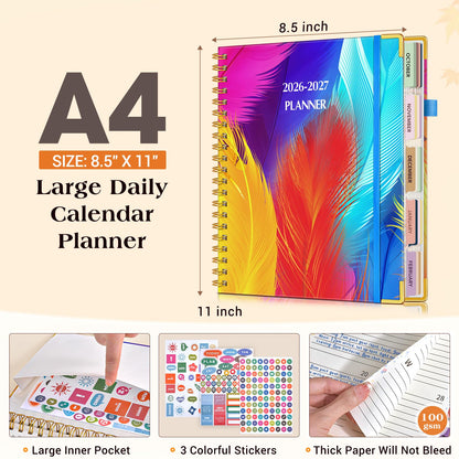 Planner 2026-2027, 18 Months Weekly and Monthly Daily Planner from January 2026 - June 2027, 8.5" x 11" A4 Large Hardcover Agenda Organizer Book 2026 with Tabs, Spiral Yearly Calendar Planners for School Work Home, Colorful Feather