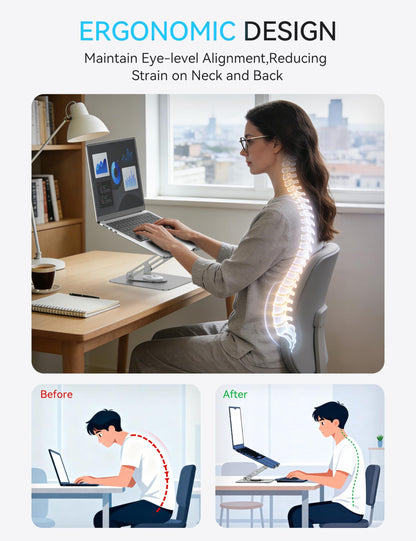 SOUNDANCE Laptop Stand with 360° Rotating Base, Ergonomic Computer Riser for Desk, Adjutable Height Muti-Angle, Foldable Laptop Mount, Stable Metal Holder Support 10-15.6" Notebook PC, Silver Grey