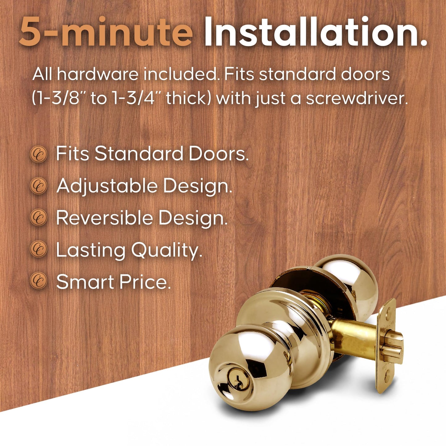 Copper Creek BK2040PB Ball Door Knob, Keyed Entry Function, 1 Pack, in Polished Brass