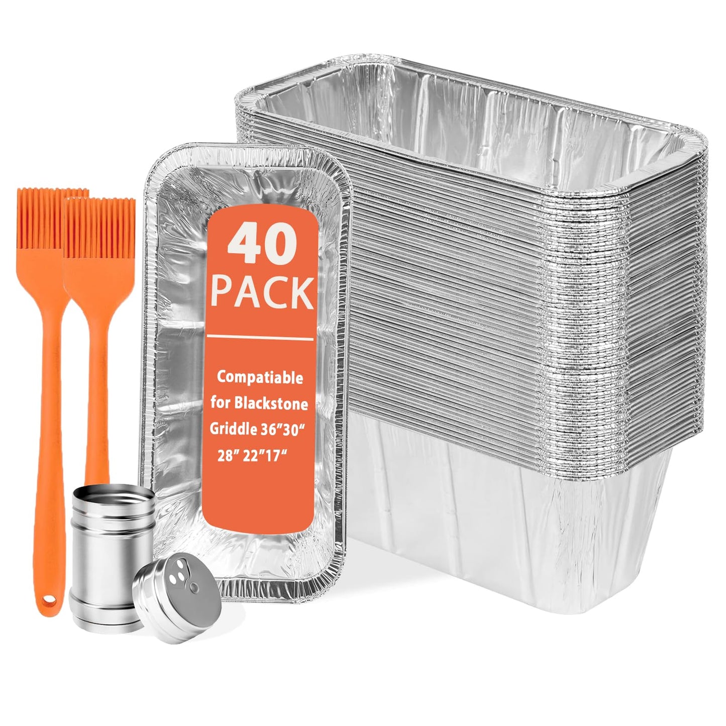40 Pack Drip Pan Liners for Blackstone Griddle 36" 30" 28" 22" 17", 2 Silicone Brushes, a Small Seasonings Spice Shaker, Aluminum Disposable Grease Catcher Trays,Griddle Accessories for Grilling
