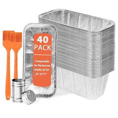 40 Pack Drip Pan Liners for Blackstone Griddle 36" 30" 28" 22" 17", 2 Silicone Brushes, a Small Seasonings Spice Shaker, Aluminum Disposable Grease Catcher Trays,Griddle Accessories for Grilling