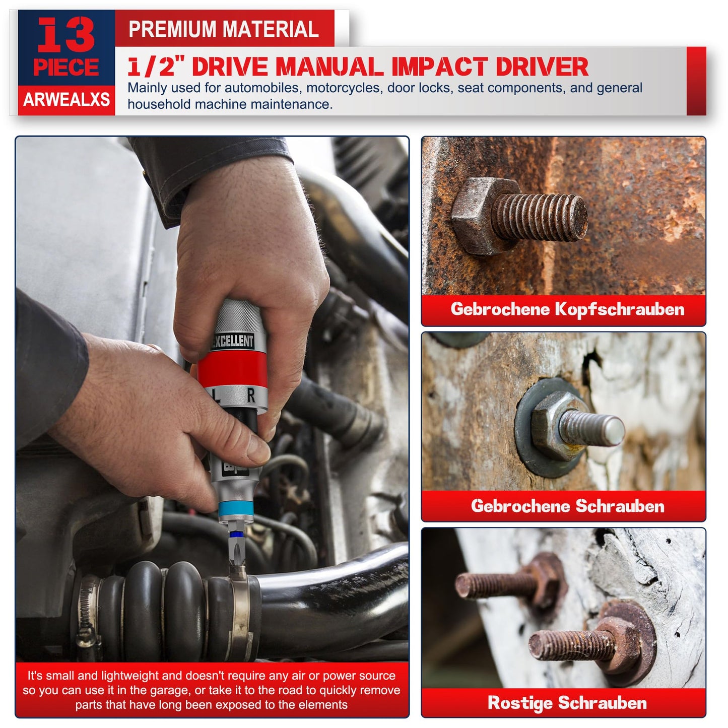 Arwealxs 13 Piece 1/2" Drive Manual Impact Driver, Reversible Hand Impact Screwdriver Set with Slotted, Hex, Phillips Bit Kit, for Tighten and Rusted Fasteners or Frozen Bolts, with Storage Case