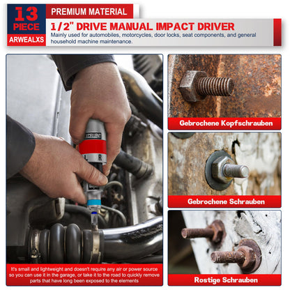 Arwealxs 13 Piece 1/2" Drive Manual Impact Driver, Reversible Hand Impact Screwdriver Set with Slotted, Hex, Phillips Bit Kit, for Tighten and Rusted Fasteners or Frozen Bolts, with Storage Case