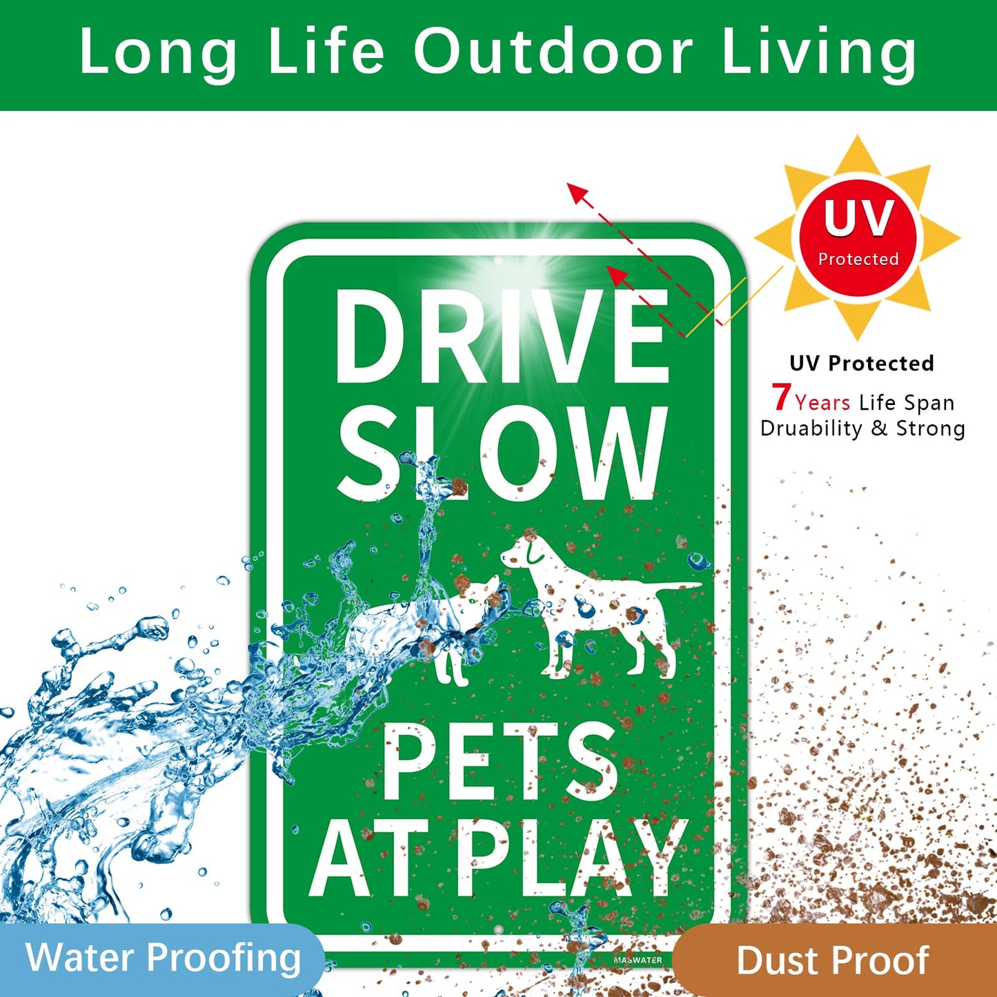 2 Pcs "Drive Slow - Pets At Play" Sign, 12" x 18" Engineer Grade Reflective Aluminum,Fade Resistant, Waterproof, Dustproof, UV-Resistant and Durable