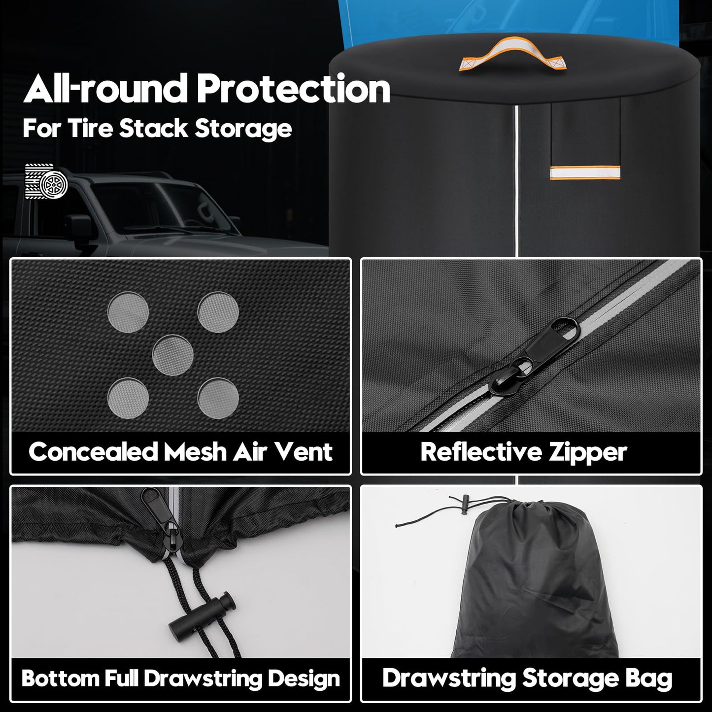 Tire Covers for Storage, Upgrade Tire Storage Bag with Reflective Stripe, Winter Tire Cover Waterproof Dust-Proof Outdoor Indoor with Zipper, Concealed Air Vent, Fit 30 Inch Tires in Diameter