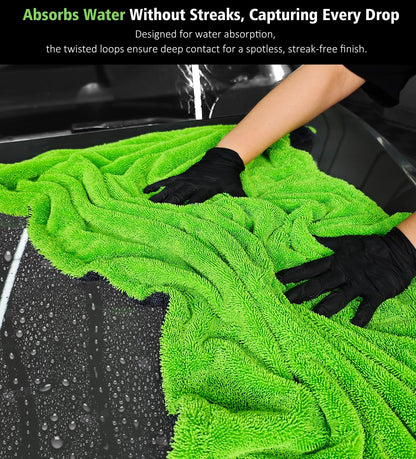 YeewayVeh 36"x28" Car Drying Towel Extra Large, 1400GSM Ultra Absorbent Double-Sided Twisted Loop Microfiber, Scratch-Free & Professional Grade Car Wash Towel for Cars, SUVs, Trucks (Green)
