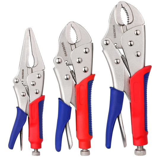 WORKPRO 3-Piece Locking Pliers Set, 10-inch Curved Jaw, 7-inch Curved Jaw and 6-1/2-inch Straight Jaw