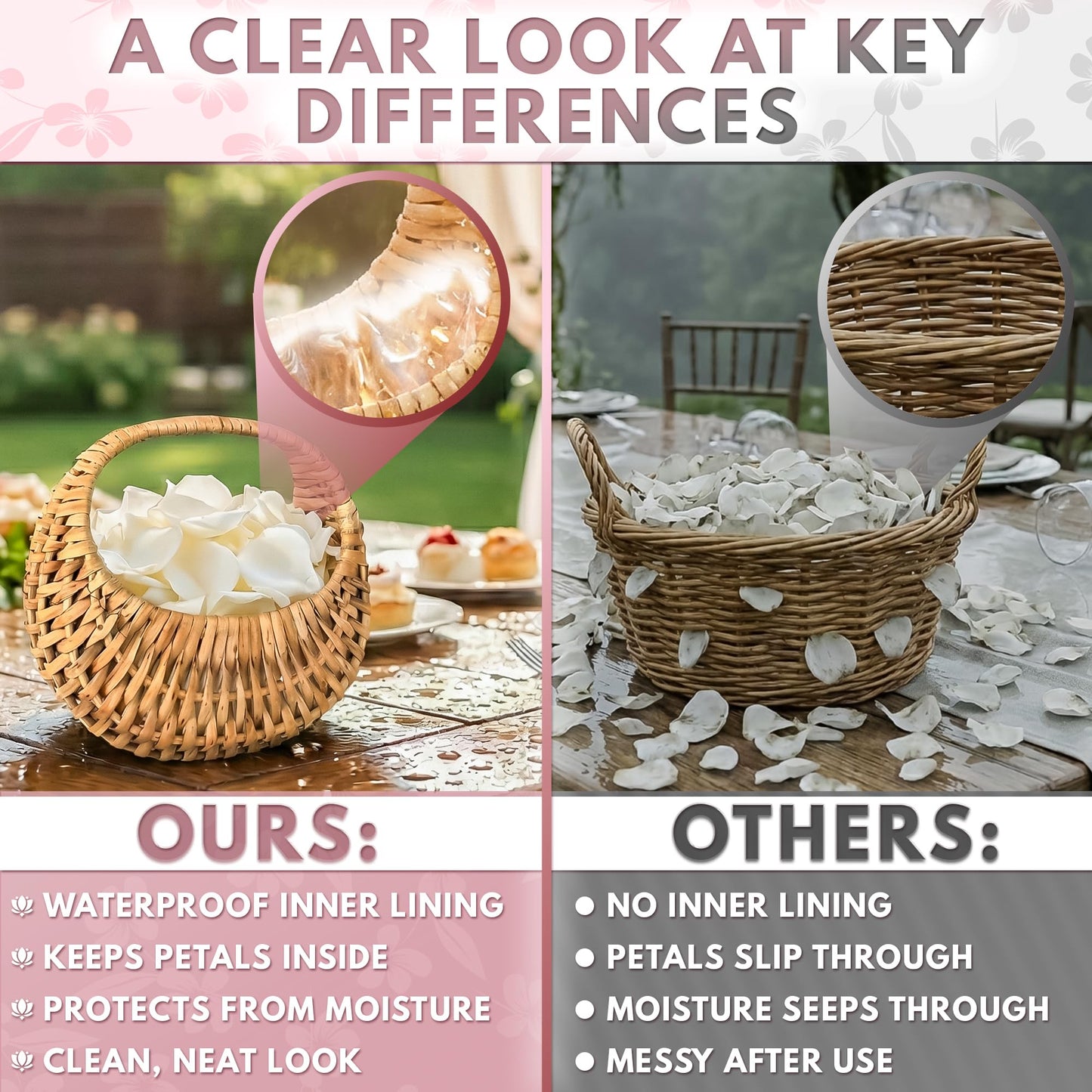Small Flower Girl Basket Set of 2 - Small Wicker Basket with Handle and Waterproof Lining 6.3" x 5.12" x 3.75" - Tiny Easter Baskets with Rattan Design for Flowers, Sweets, Gifts, Home Decor & Storage